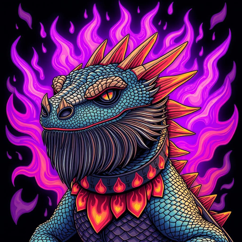 Flaming Bearded Dragon in Digital Art Style