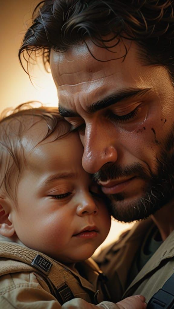 Israeli Medic Cradles Sleeping Son: Photorealistic Portrait
