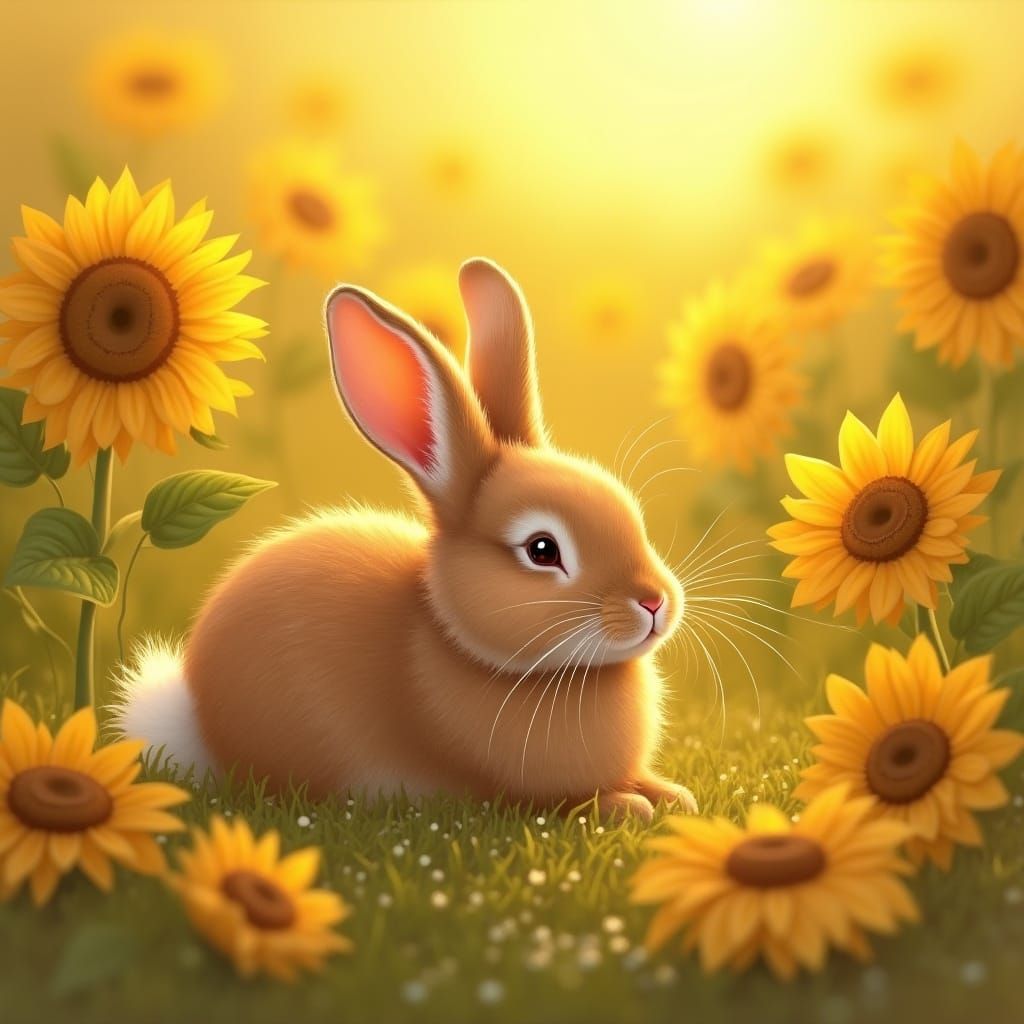 Fluffy Rabbit Rests in Sun-Drenched Sunflower Field