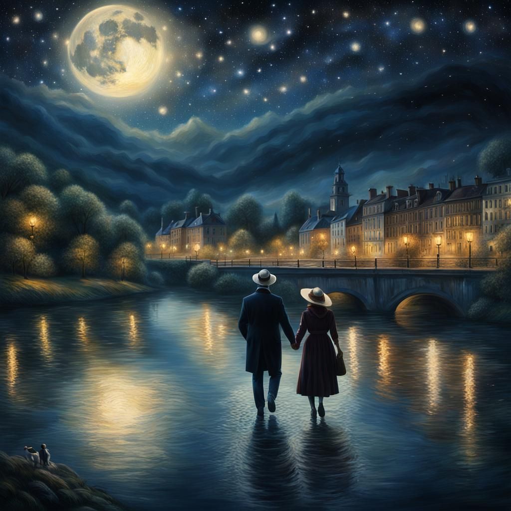 Renoir Style: Couple Walking at Night