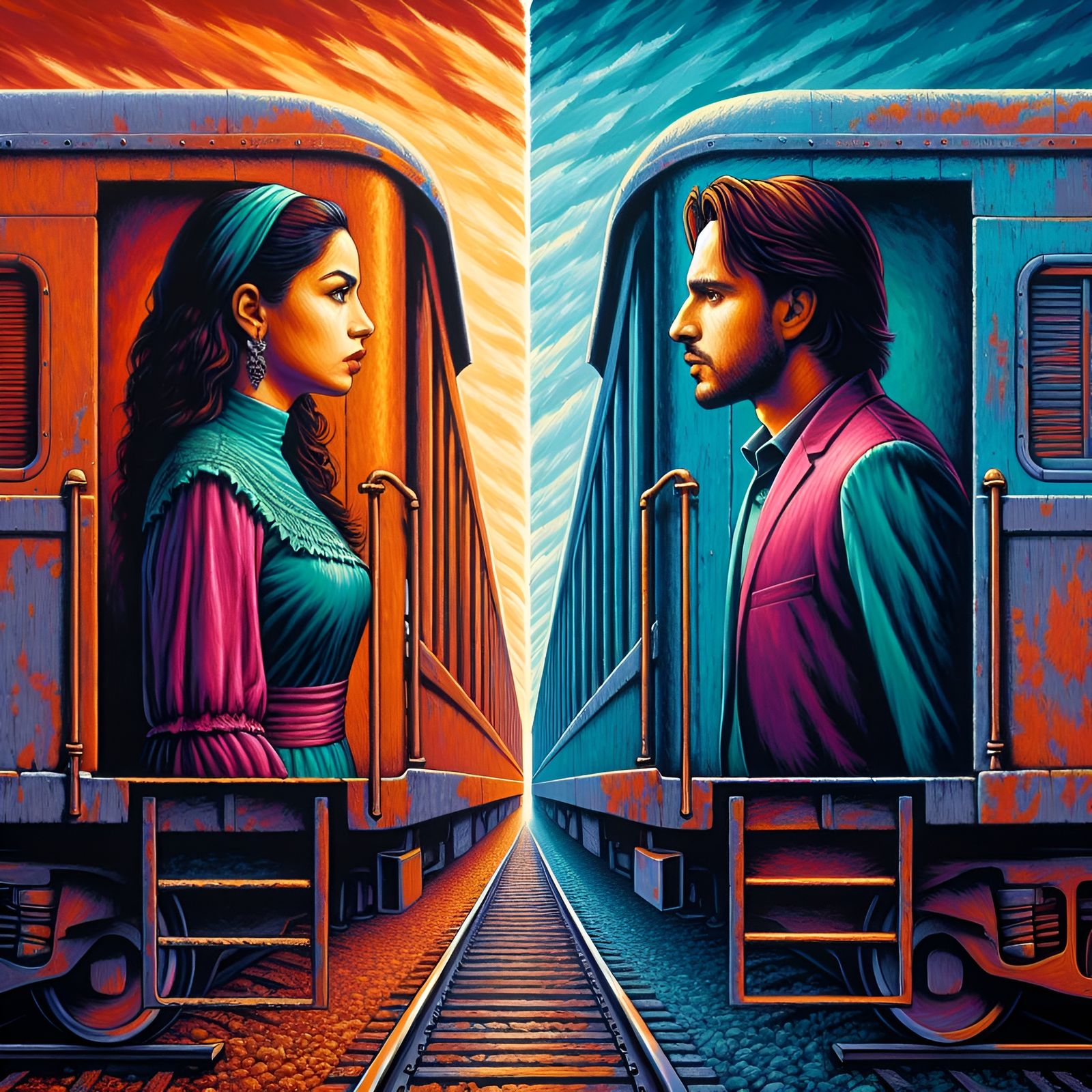 Anticipation on Trains: Abstract Art with Complementary Colo...