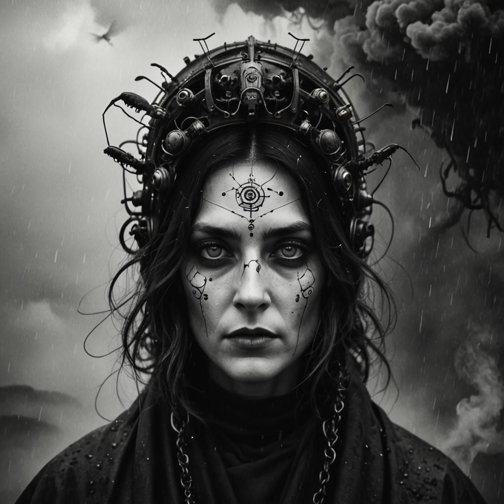 Steampunk Tarot Card with Ancient Tech in Monochrome