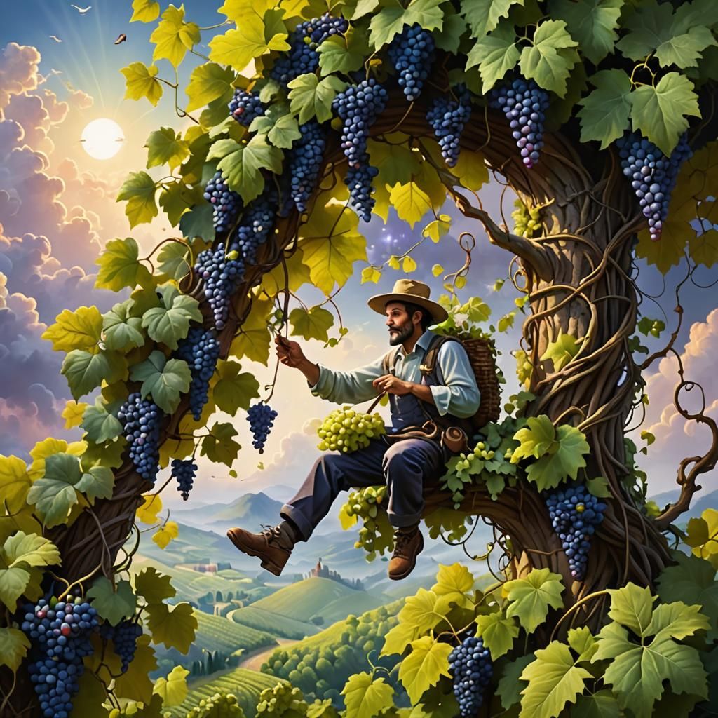 Gardener Tends Grapes Growing on Clouds