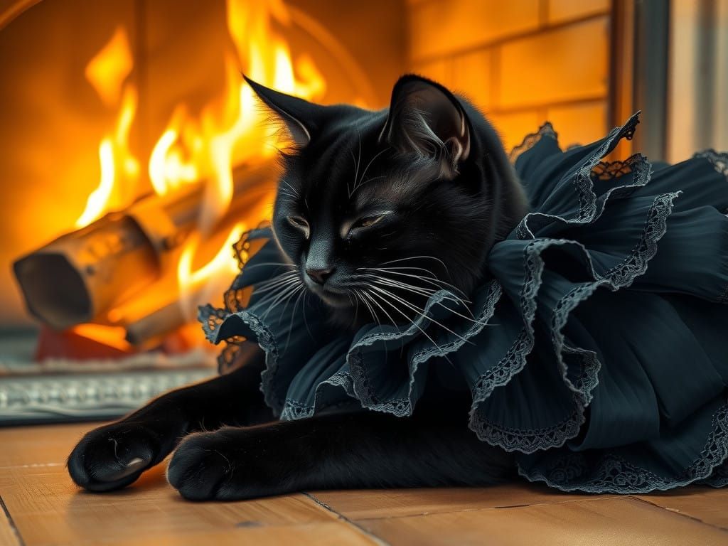 Whimsical Black Cat in Avant-Garde Dress by the Fireplace