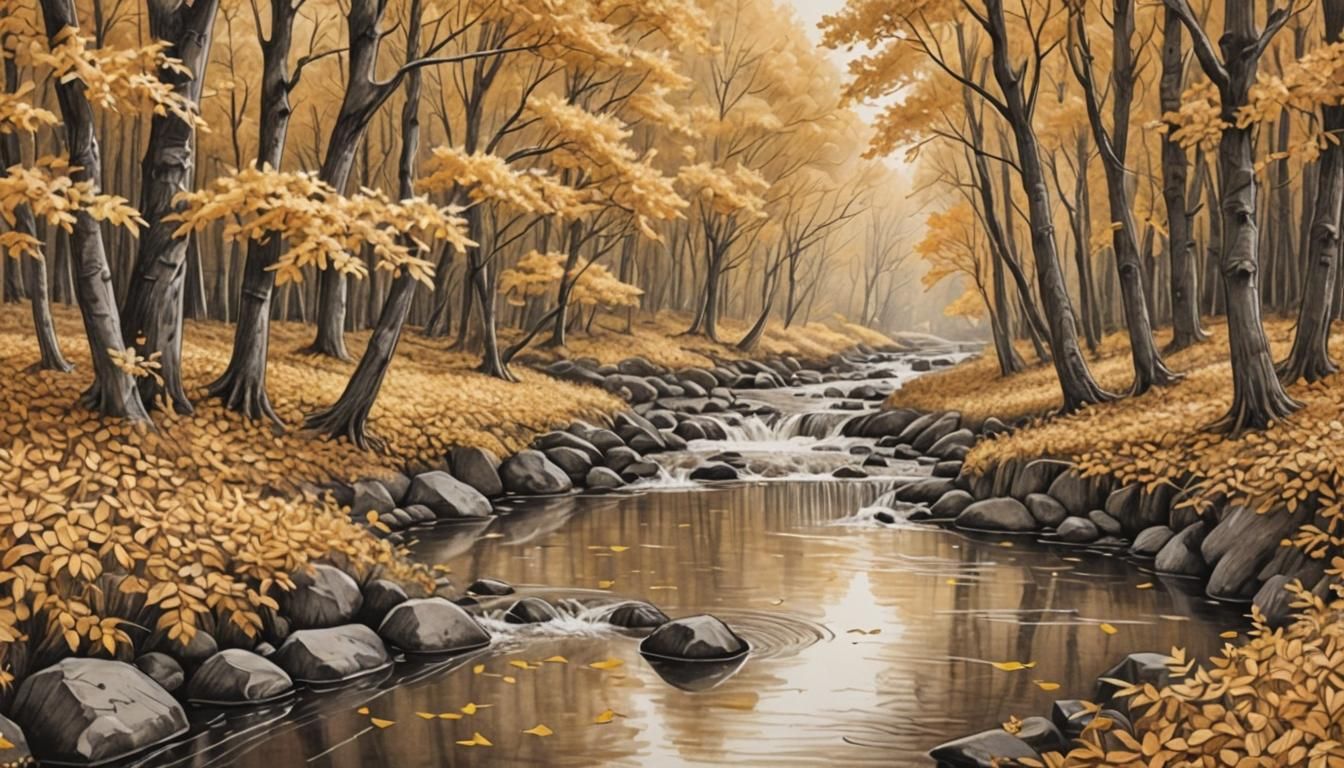 Monochromatic Autumn Stream in Pencil Sketch Style