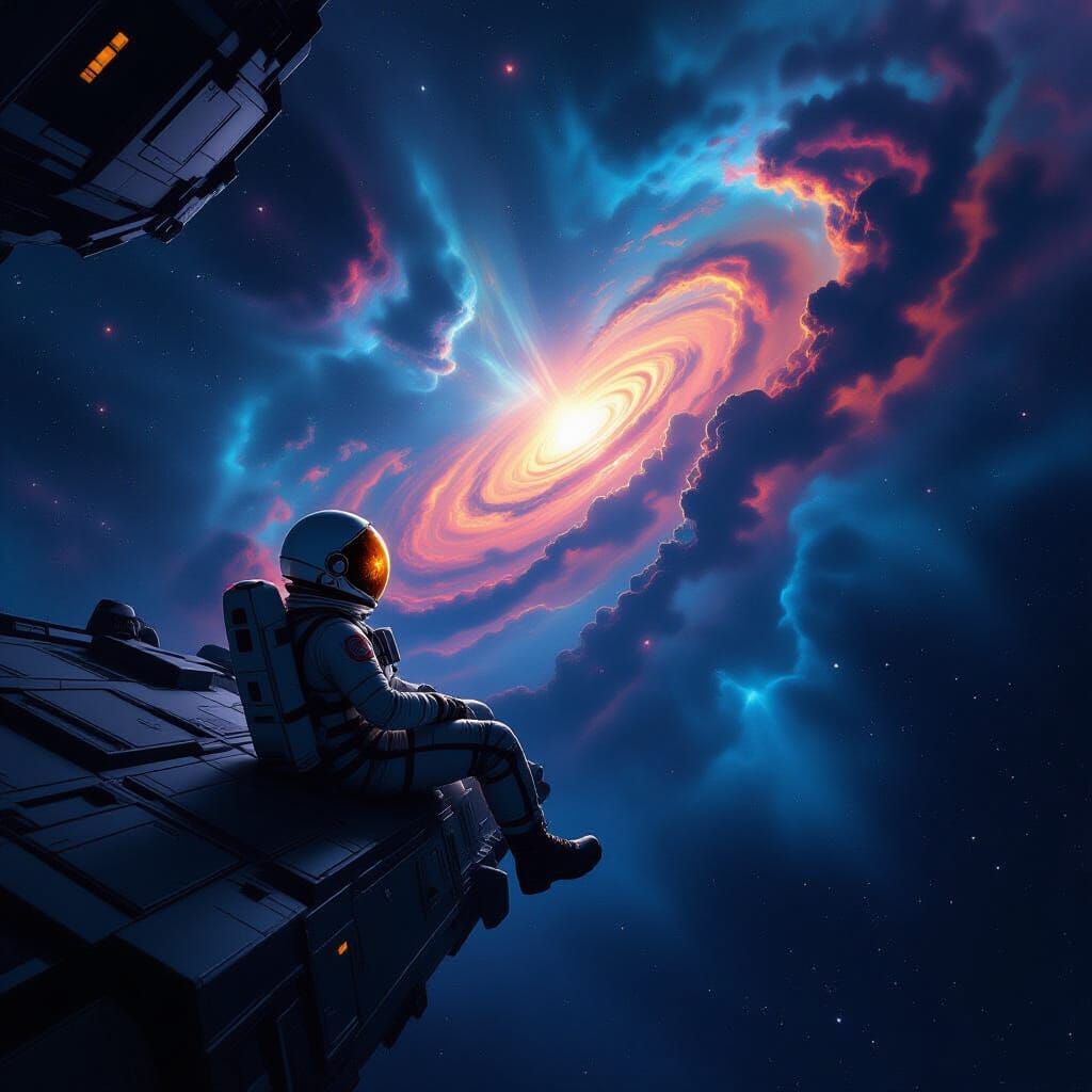 Astronaut Adrift in Cosmic Nebula, Dark Fantasy Style