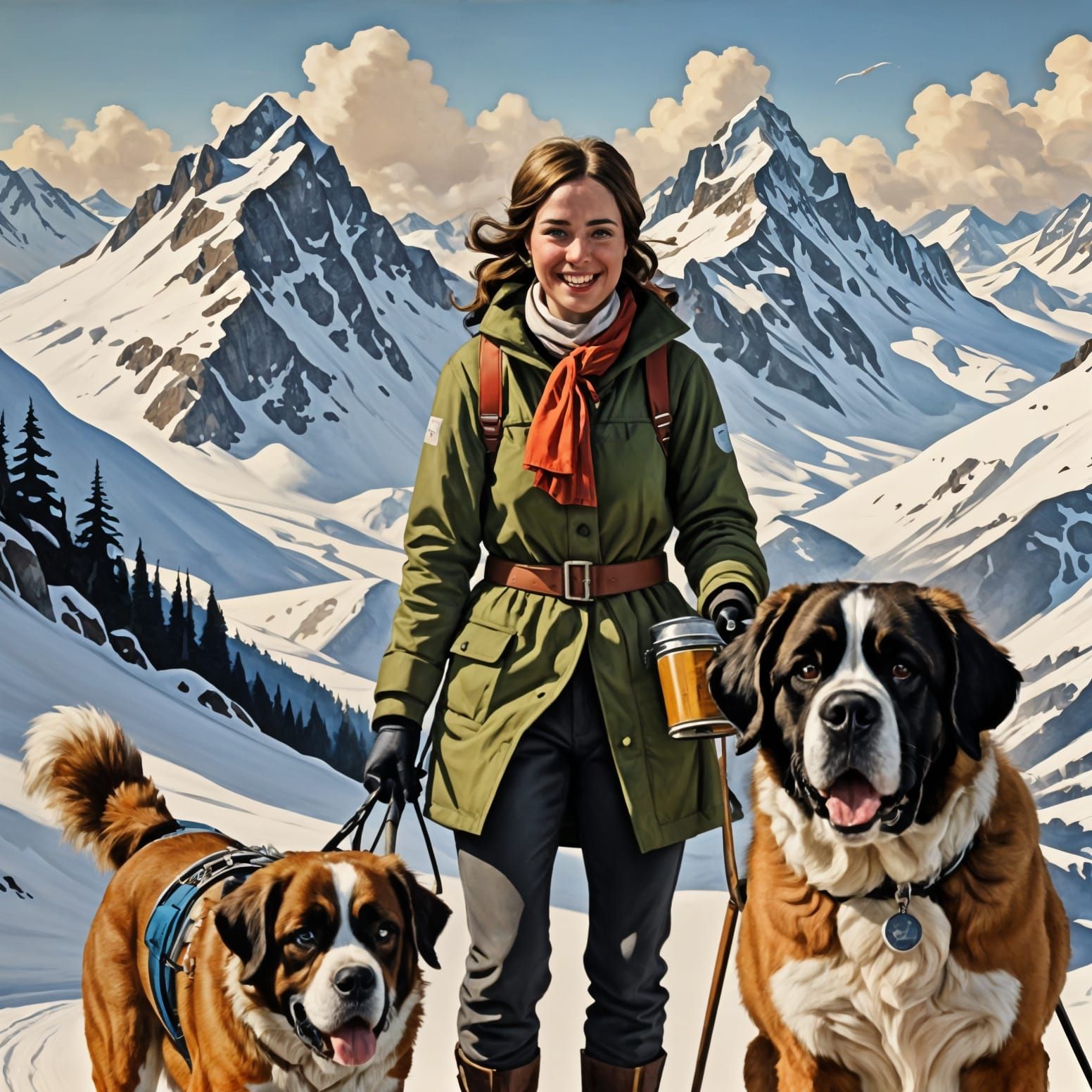 Skiing Girl Meets Saint Bernard Dog in Swiss Alps