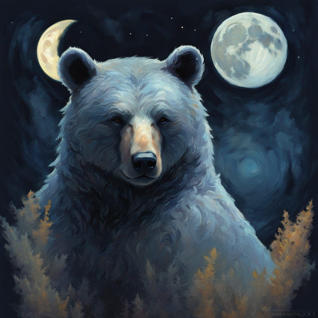 Ethereal Oil Painting of a Bear Under a Glowing Moon