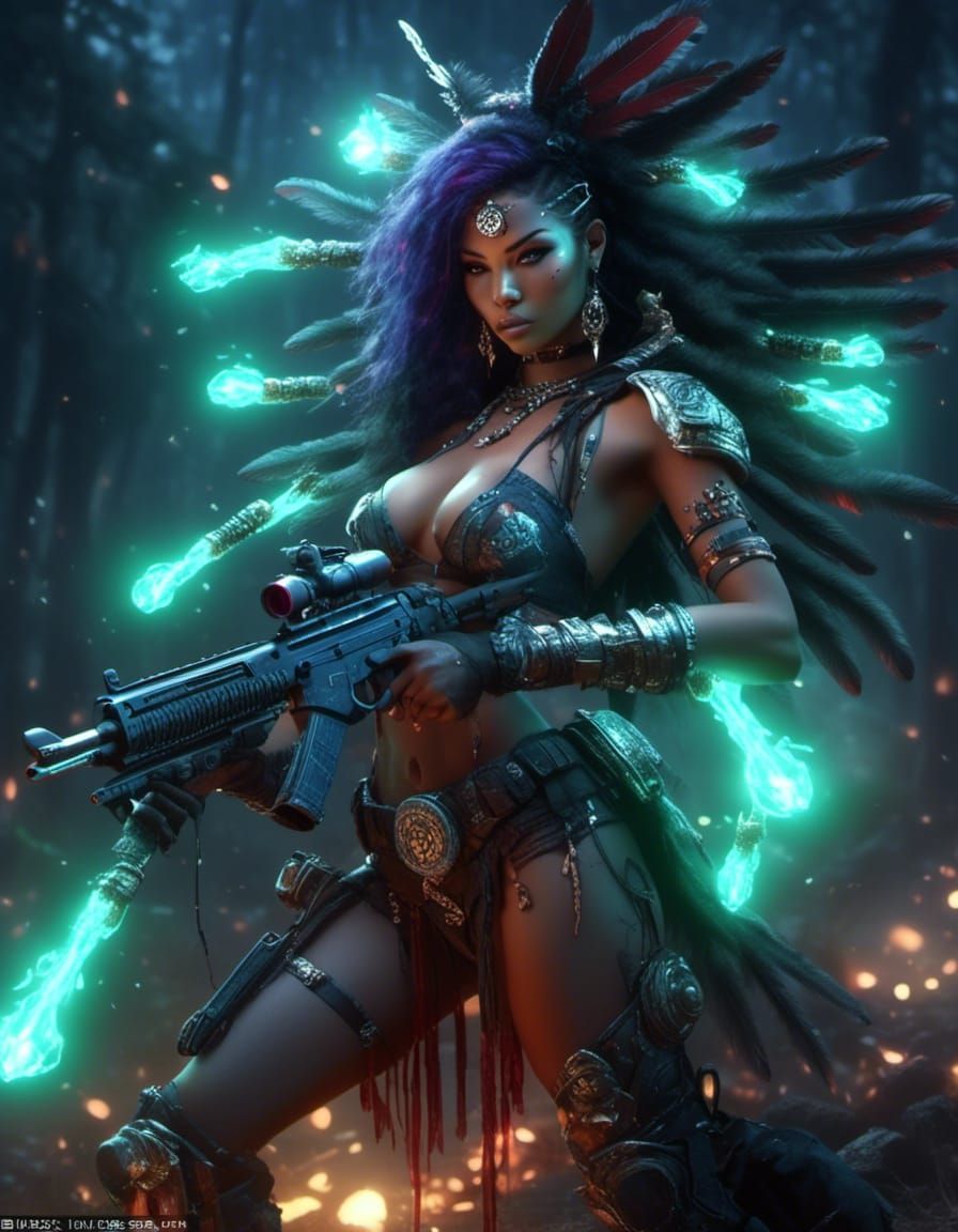 Cybernetic Native American Warlock in Dystopian Wasteland