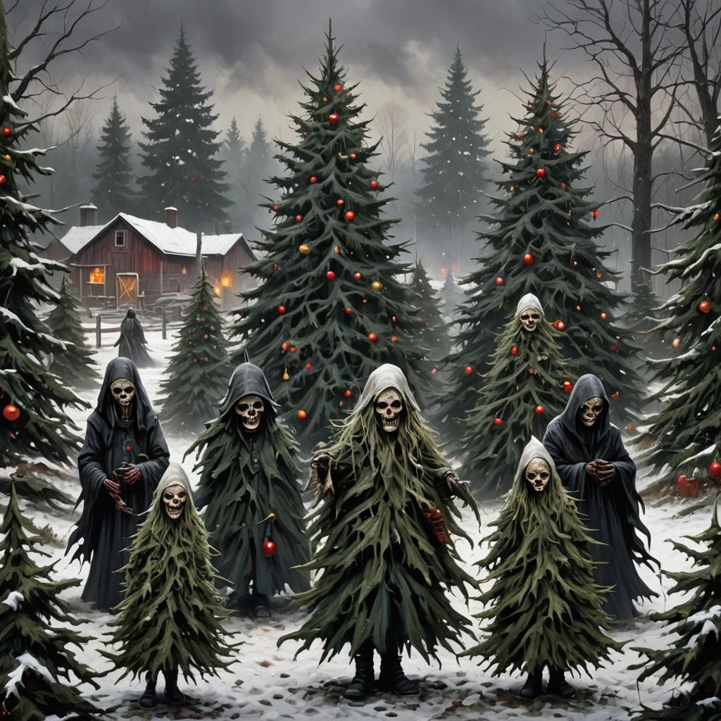 Sinister Gothic Christmas Tree Farm Horror Scene