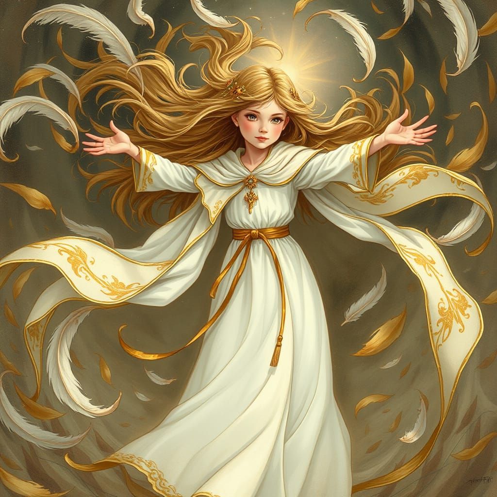 Girl Majestically Commands a Whirlwind of Leaves and Feather...