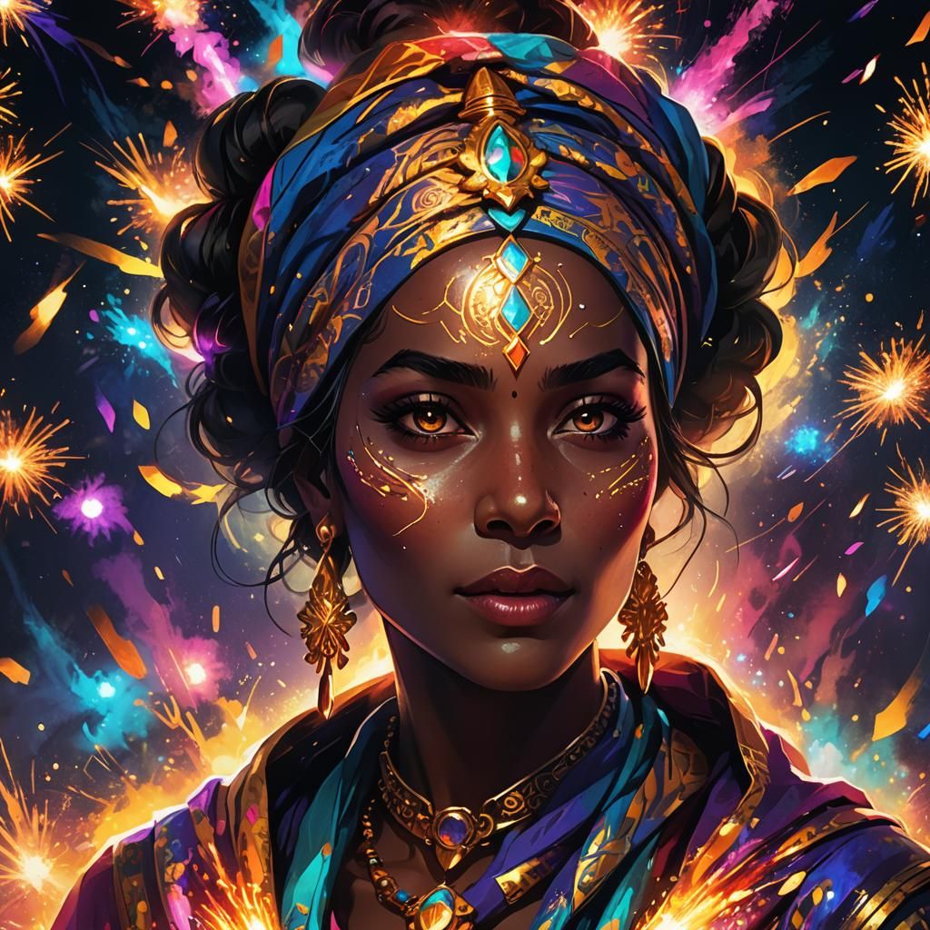 Magical Genie Illuminated by Kaleidoscopic Fireworks