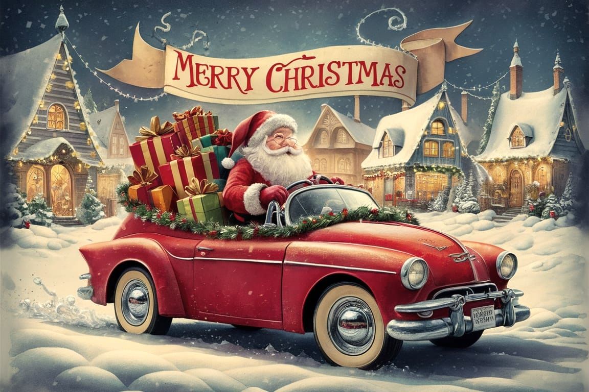 Santa's Whimsical Christmas Ride: A Watercolor Illustration