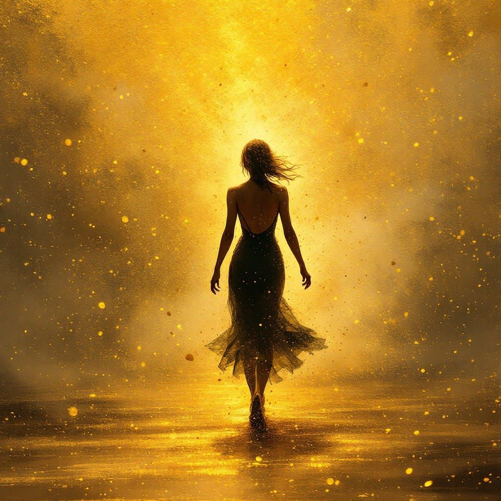 A Female Figure Vanishes into a Golden Sandstorm