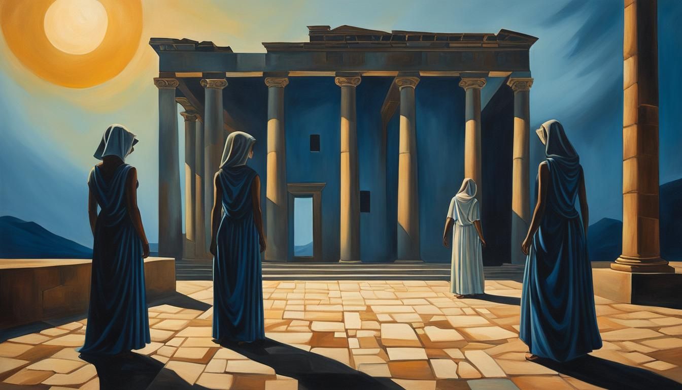 Mystical Cityscape with Greek Muses in Surrealist Style