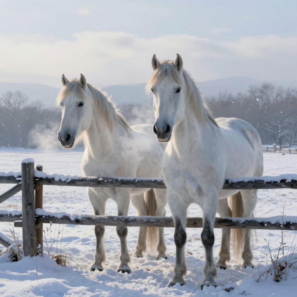 Majestic White Horses in Snowy Winter Field