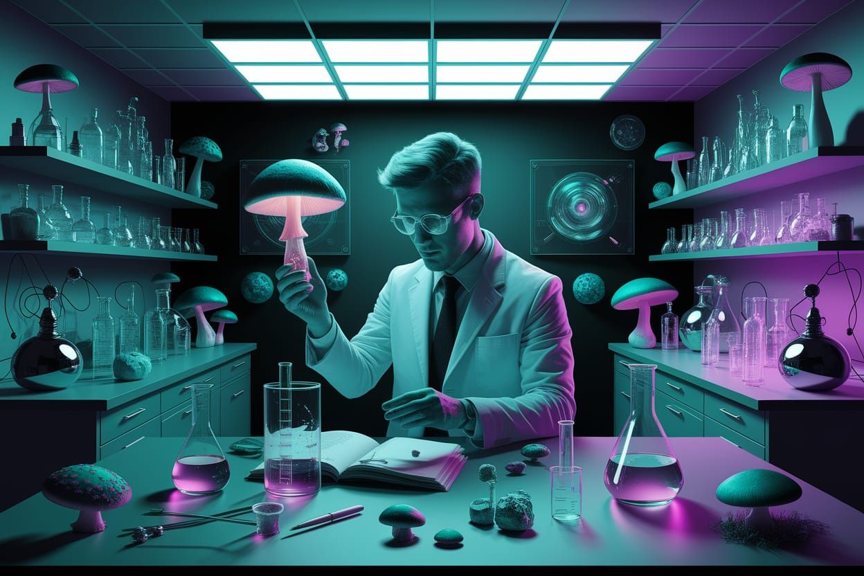 A retro-futuristic laboratory where a scientist is experimenting with psychedelic mushrooms.