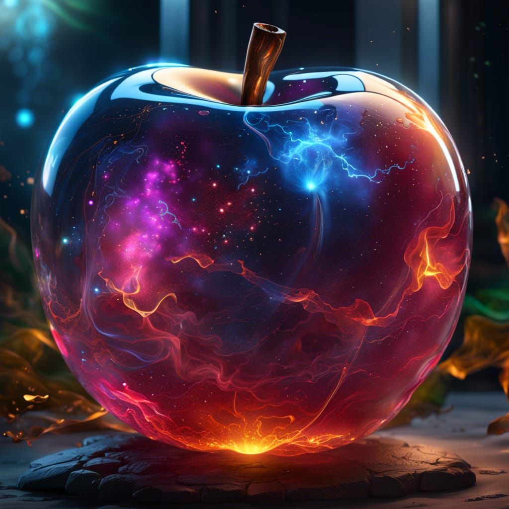Glowing Glass Apple with Cosmic Energy
