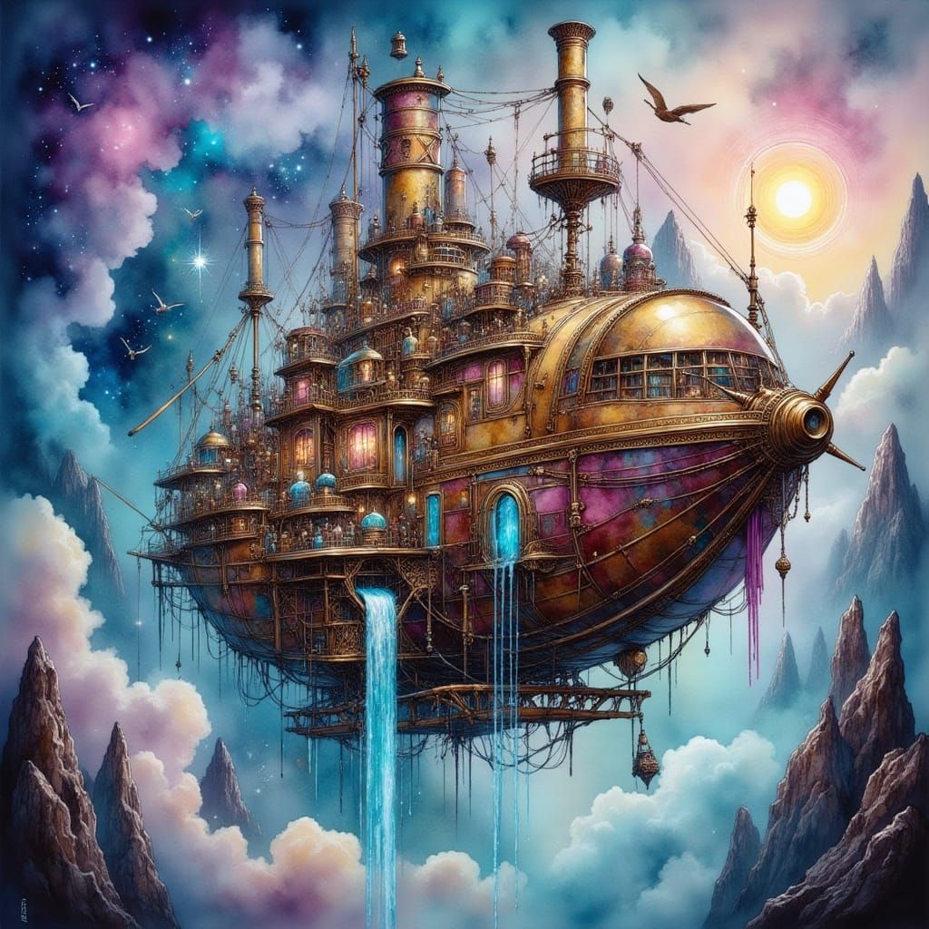 Steampunk Airship Soaring Through Iridescent Clouds