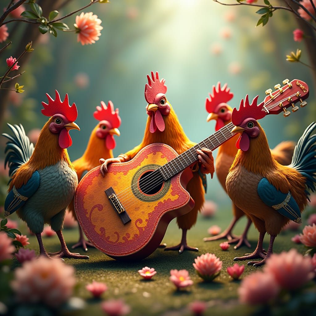 Baroque Chickens Playing Guitar in Ornate Style
