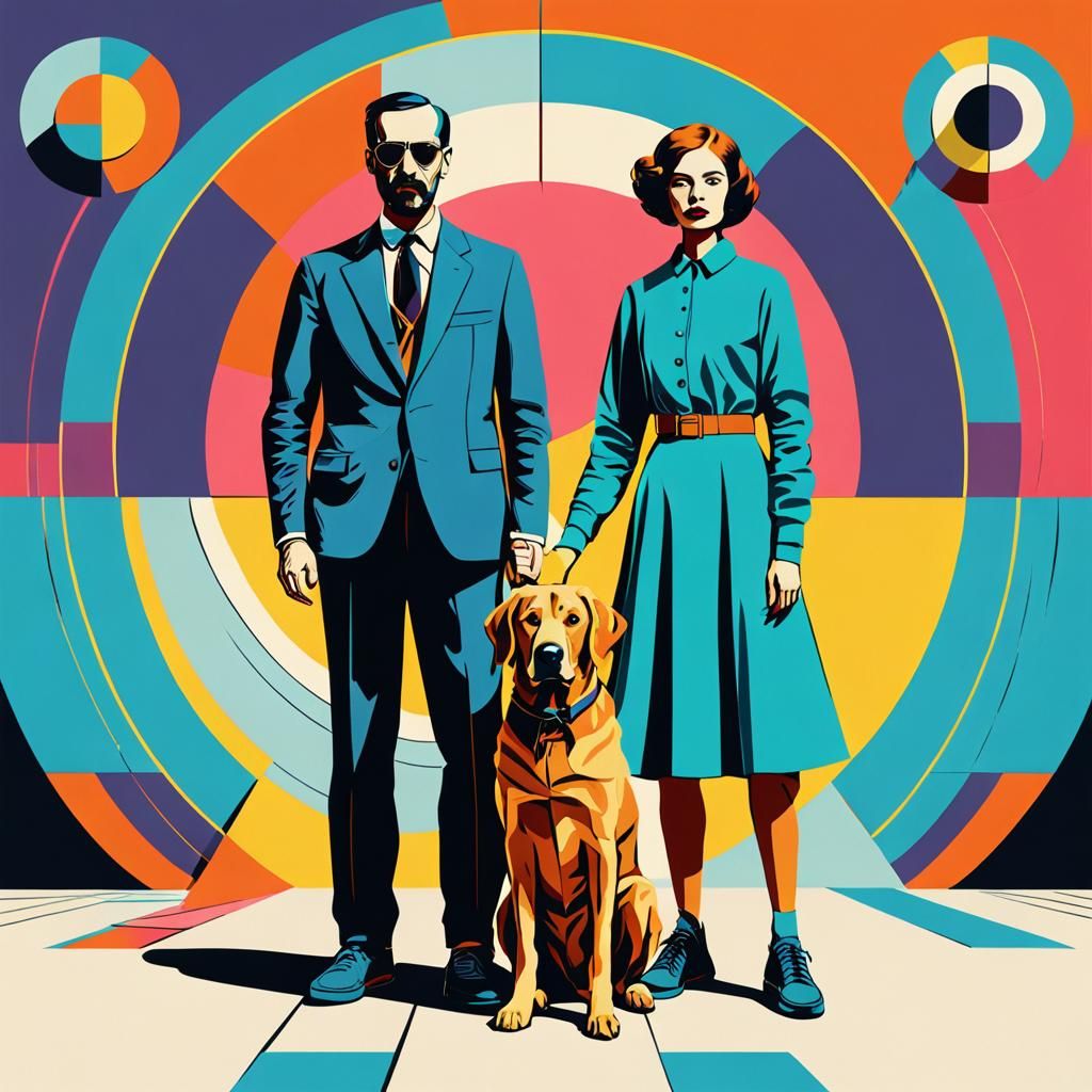 Pop Art: Man, Woman, and Dog in Bauhaus Style
