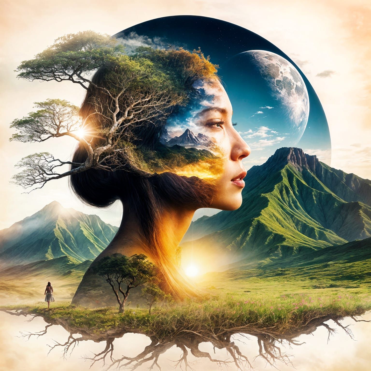 Surreal Double Exposure of Hawaiian Woman with Mountain Mead...