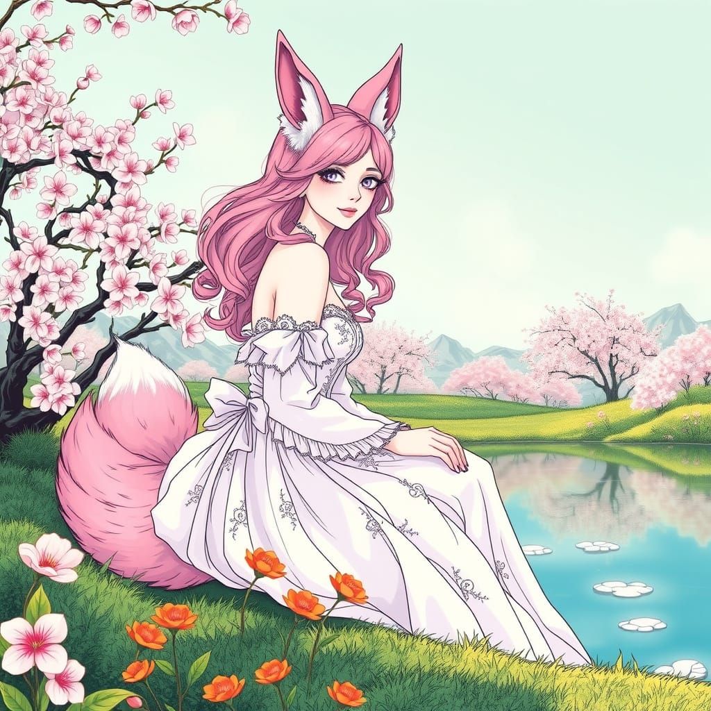 Ethereal Goddess in Lush Garden Scene, Art Nouveau Style