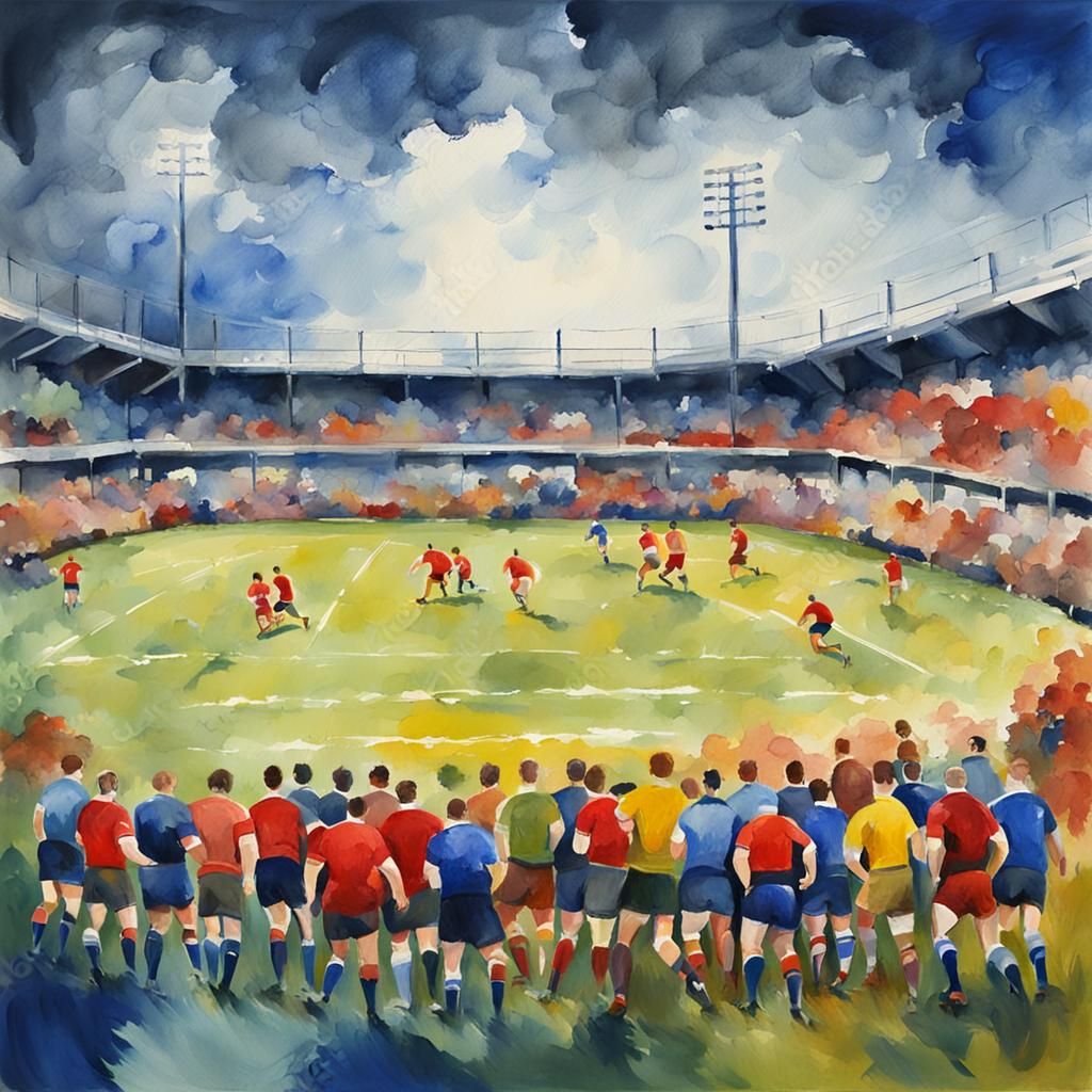 Rugby Players on Pitch: Impressionist Gouache-Style Painting