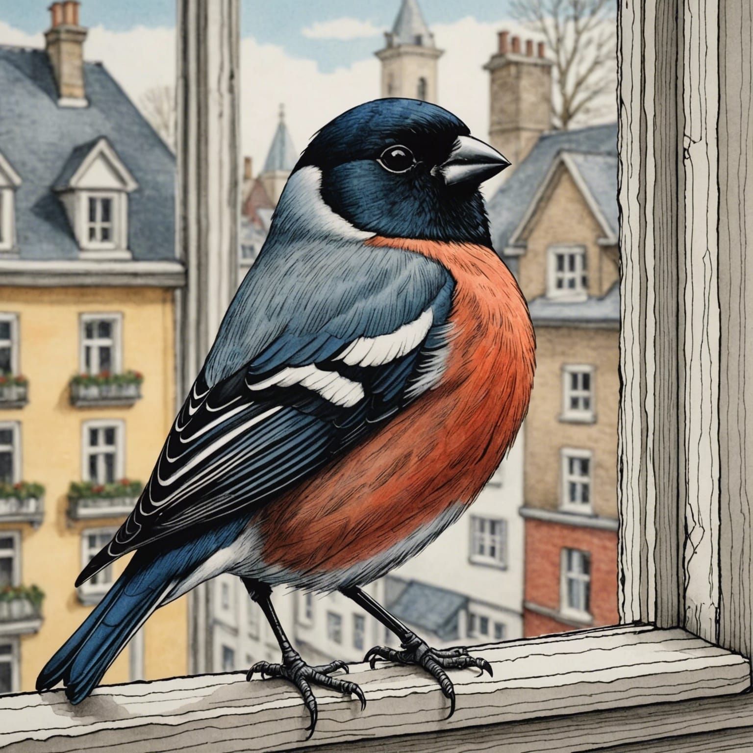 Bullfinch on Window Sill: Pen and Ink Drawing