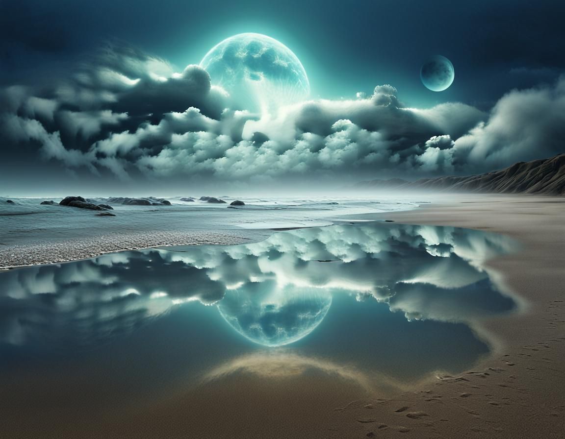 Bioluminescent Beach with Mirrored Reflections