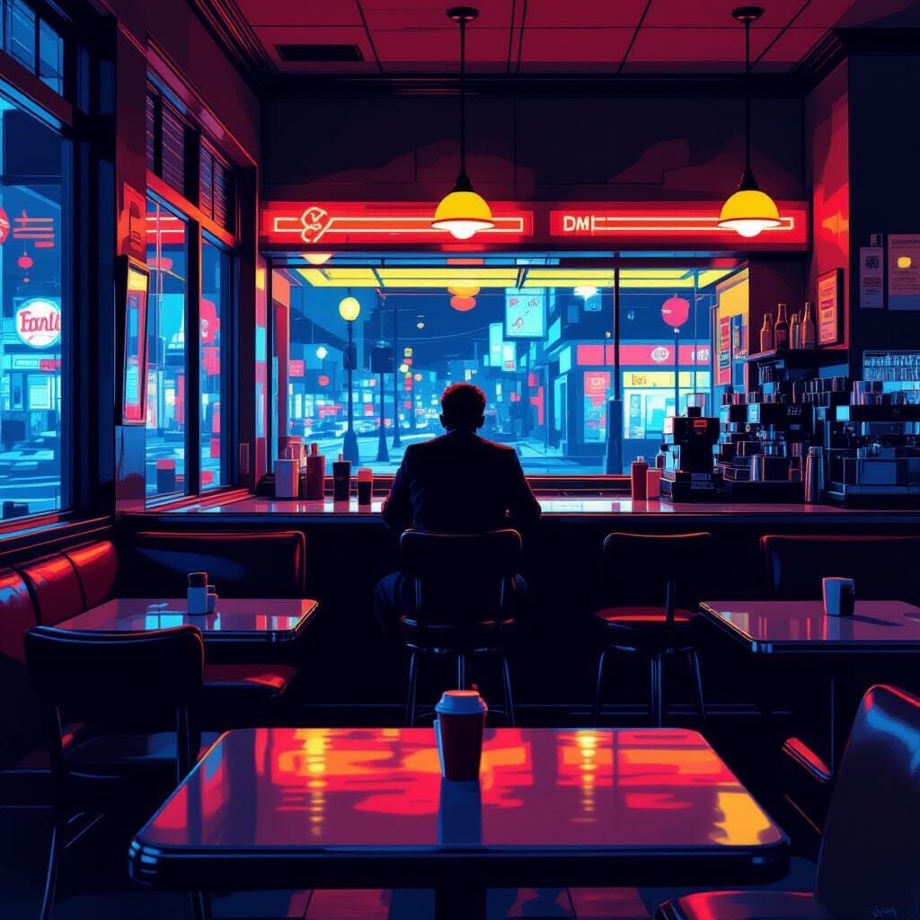 Lone Figure in Neon Diner, Cubist Digital Matte Painting