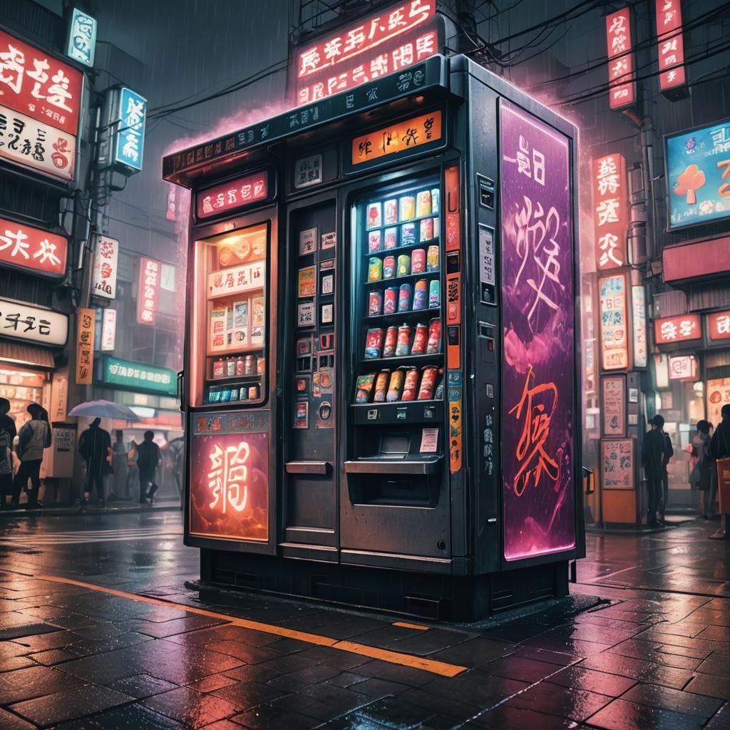 Neon Vending Machine in Rainy Tokyo Backstreet