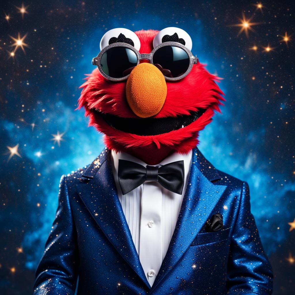 Elmo in Blue Tuxedo with Starry Background