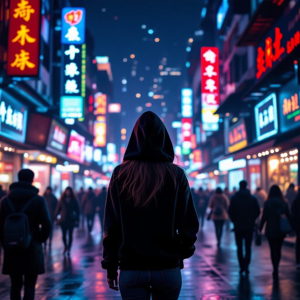 Woman in Black Hoodie on Chaotic Chinese Street