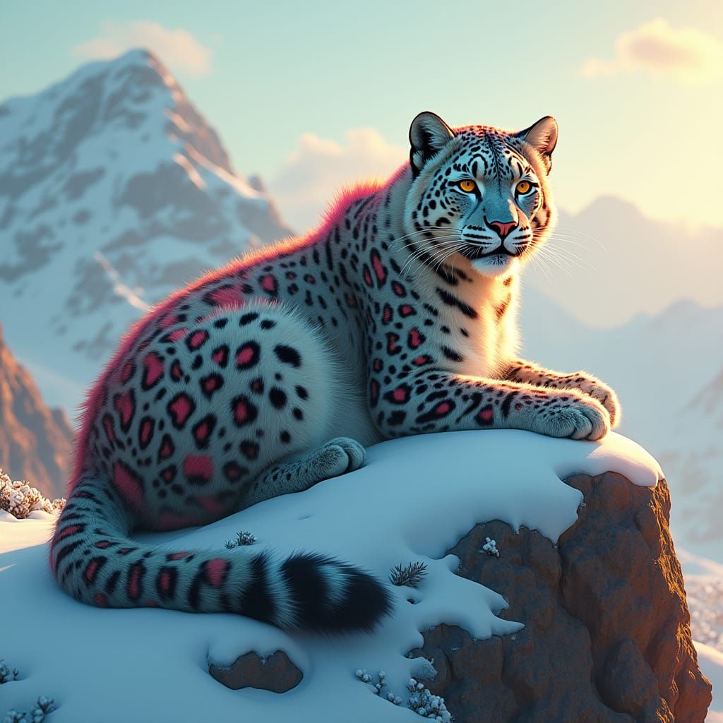 Serene Snow Leopard in Hyperrealistic Tribal Style