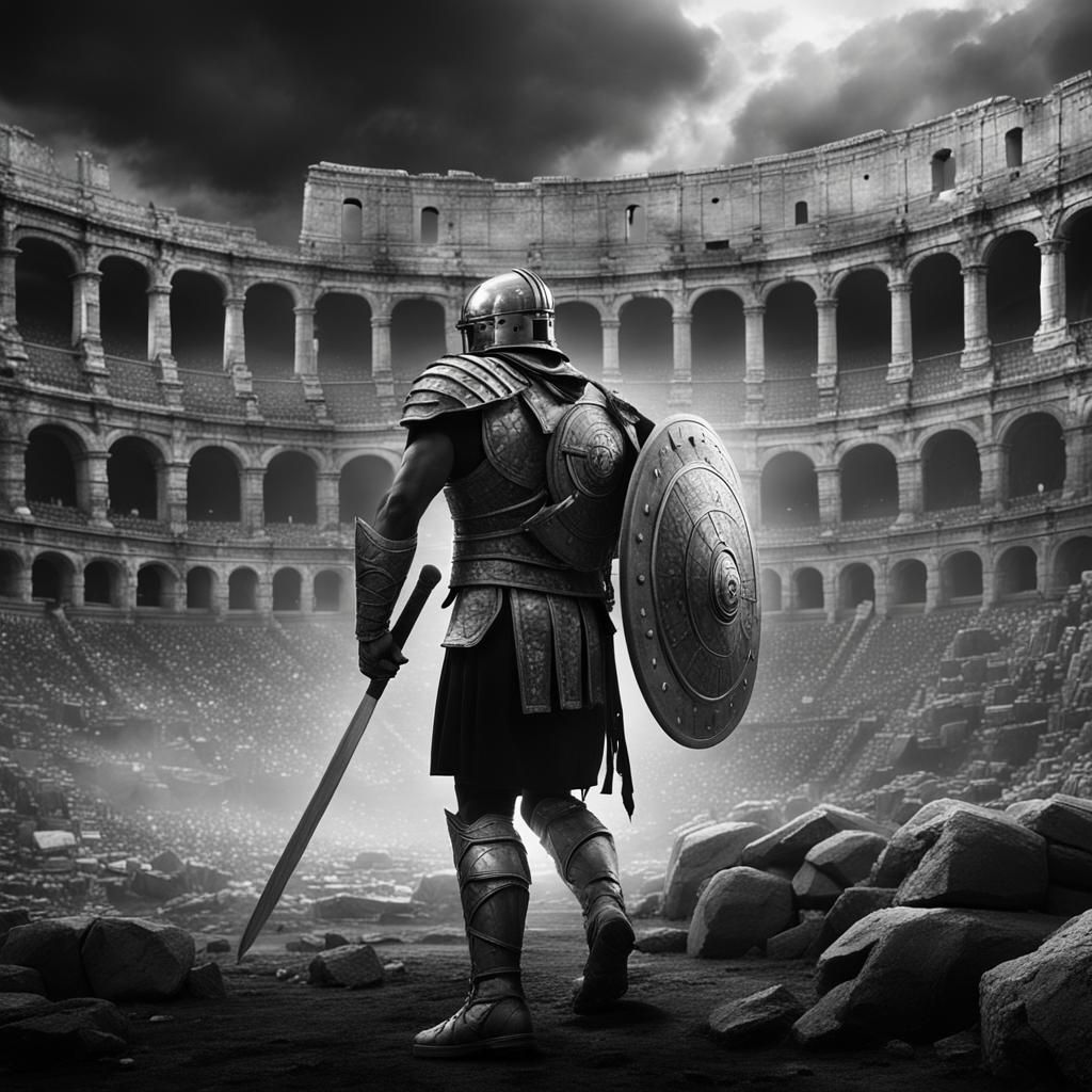 Gladiator in Roman Coliseum: Black and White Epic