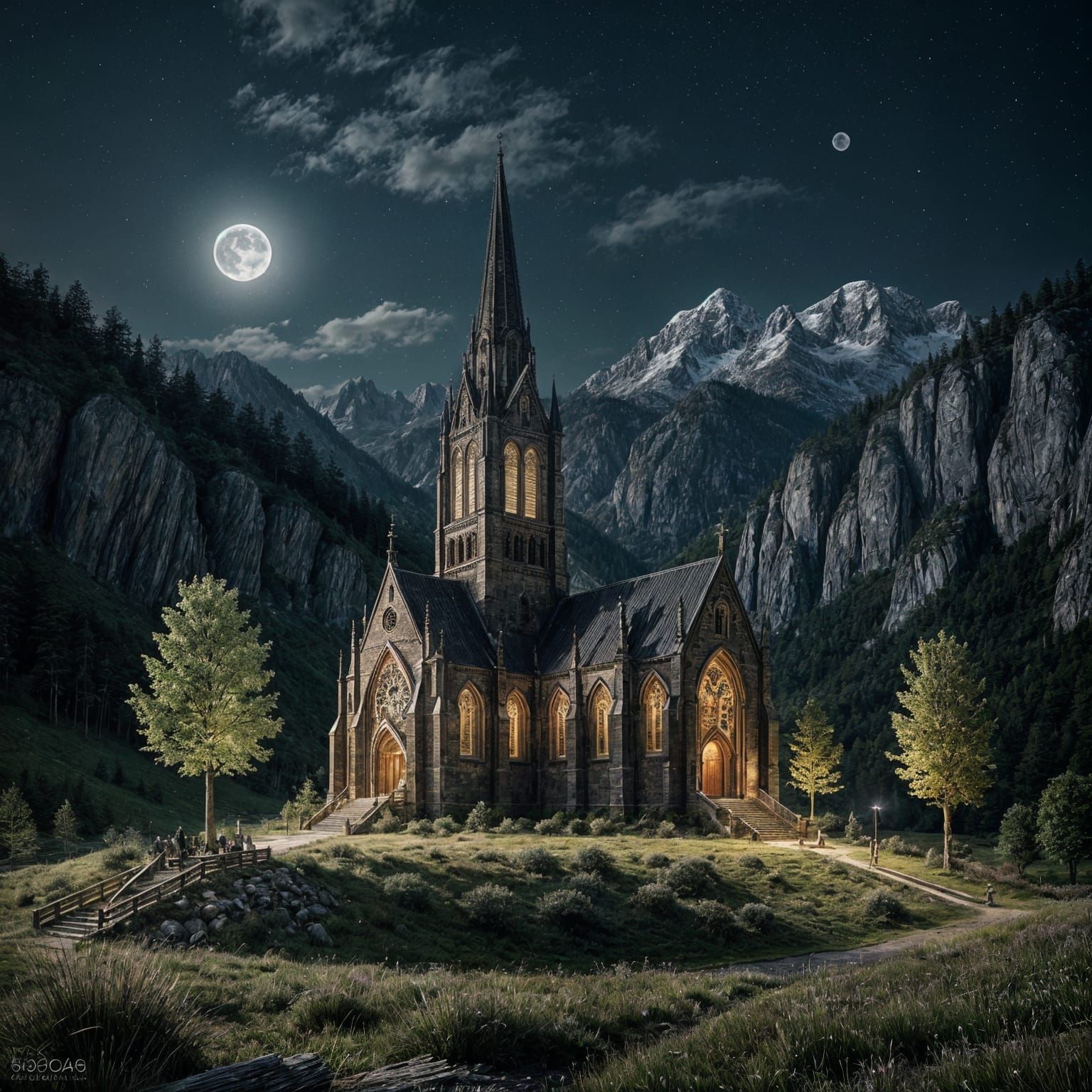 Gothic Church on Mountain in Moonlight