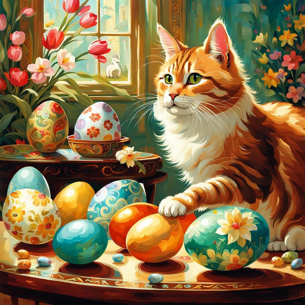 Whimsical Cat with Bunny Ears and Easter Egg