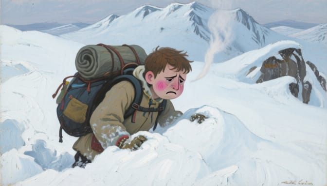 Young Tourist's Struggle in Snowy Ural Mountains Oil Paintin...