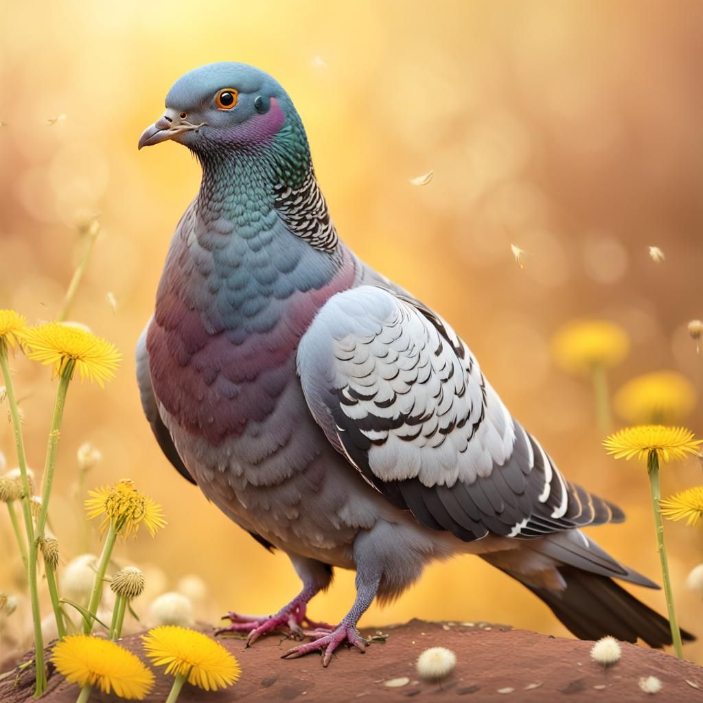 Pigeon on Dandelion Flower in Warm Colors
