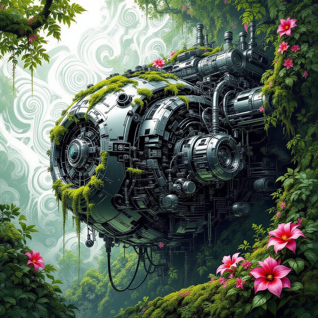 Monochromatic Psychedelic Art: Machine Reclaimed by Nature