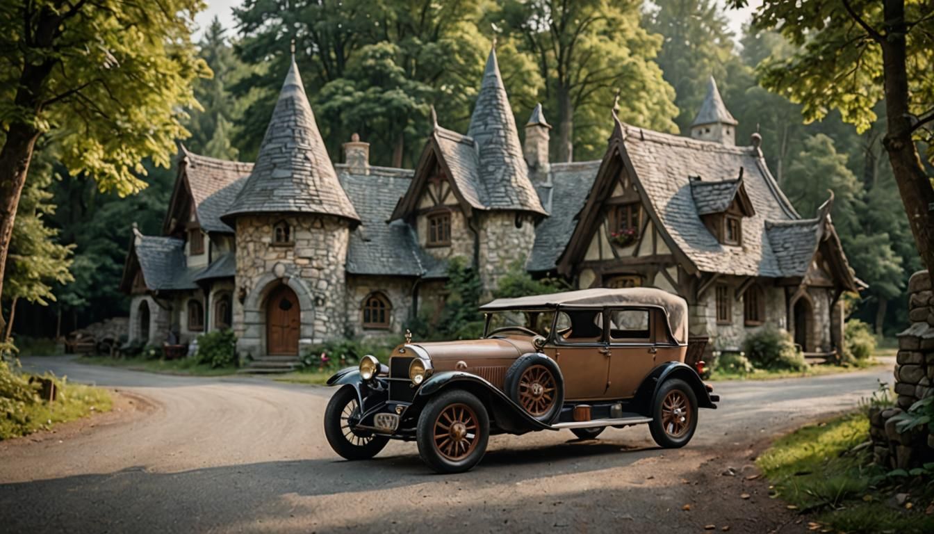 Antique Elven Cars and Cottage in Forest
