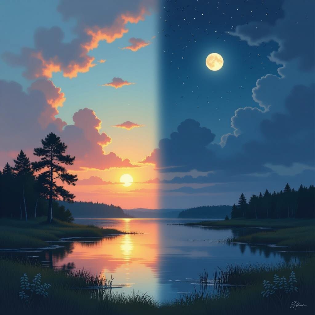 Day and Night Landscape in Romantic Realism Style