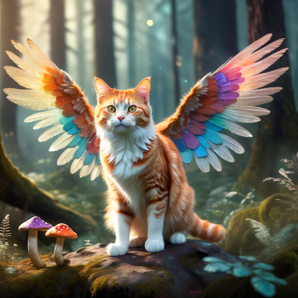 Ginger Cat with Wings in Mystical Forest