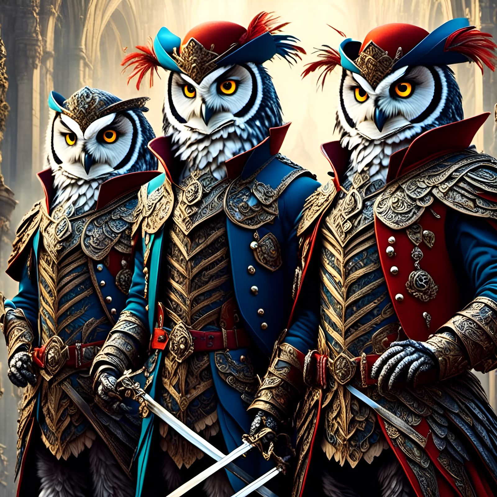 Three Owl Musketeers in Epic Fantasy Sword Fight