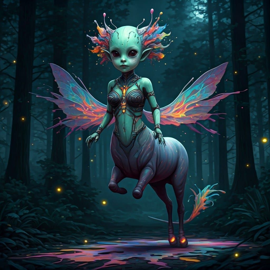 Alien Centaur Baby in a Misty Forest