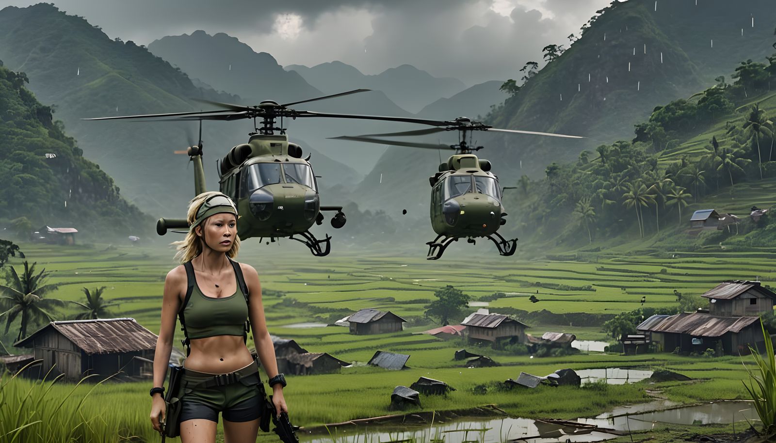 Armored Woman in Vietnam Rice Fields at Evening