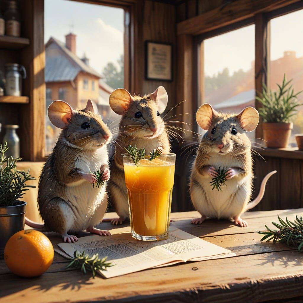 Mice Sip Juice in Ralph Steadman Style