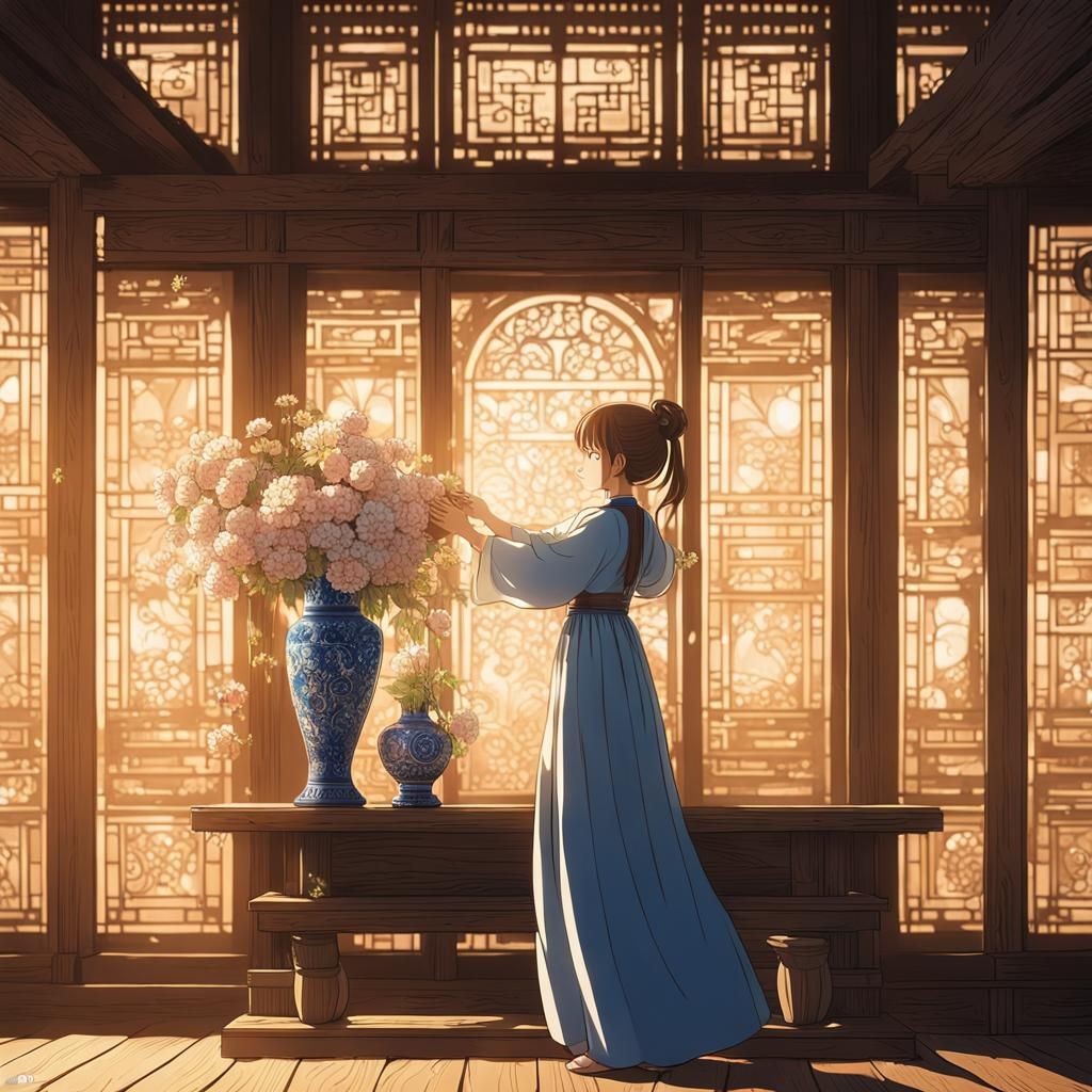 Anime Girl with Vase in Volumetric Lighting