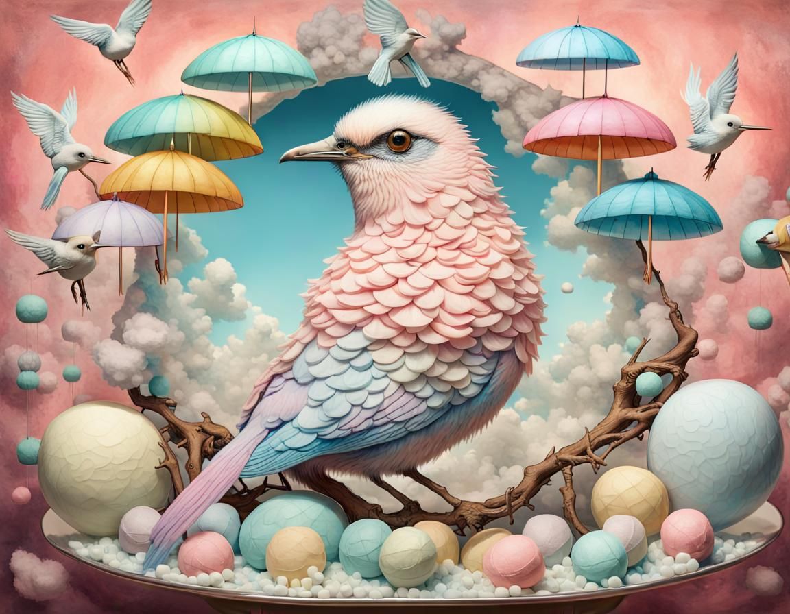 Pastel Bird in Candy Nest: Pop Surrealism Art
